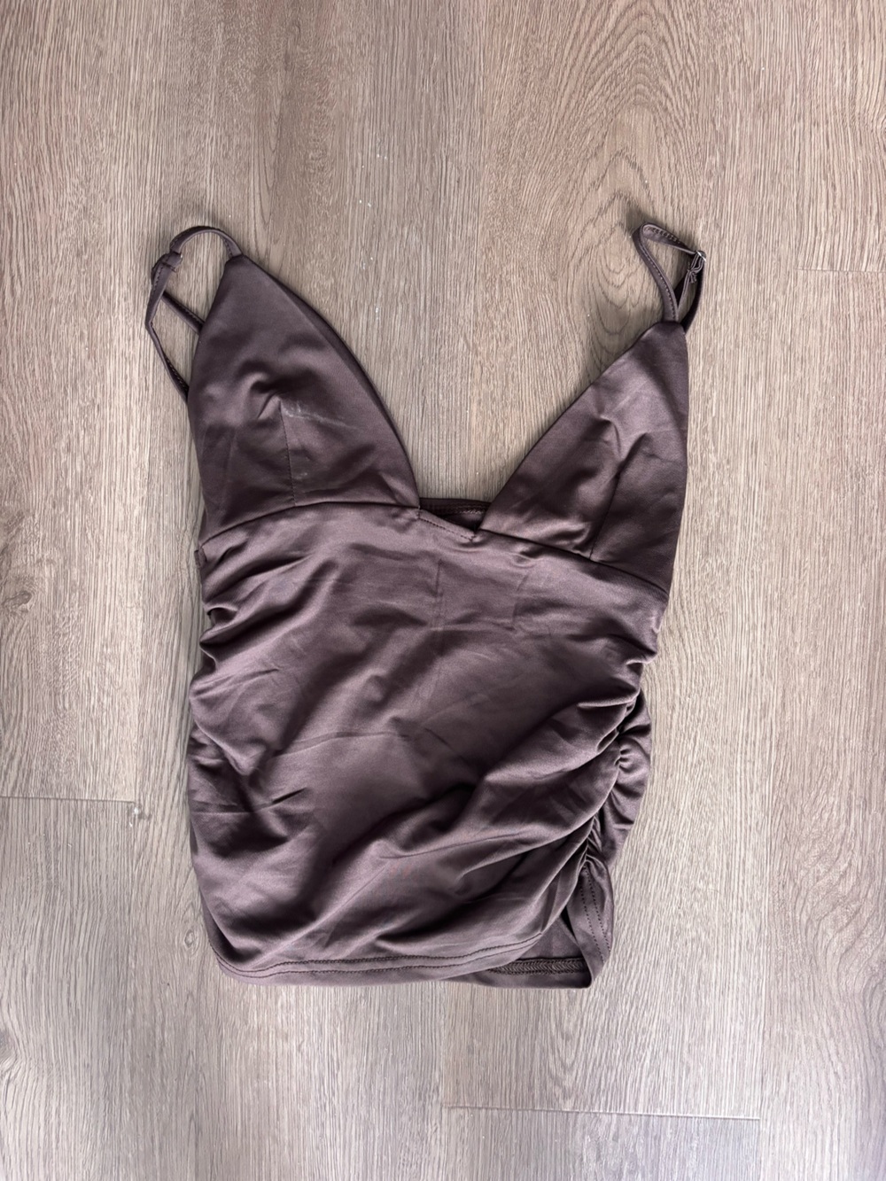 Ruched V-Neck Chocolate Brown Camisole with Adjustable Straps